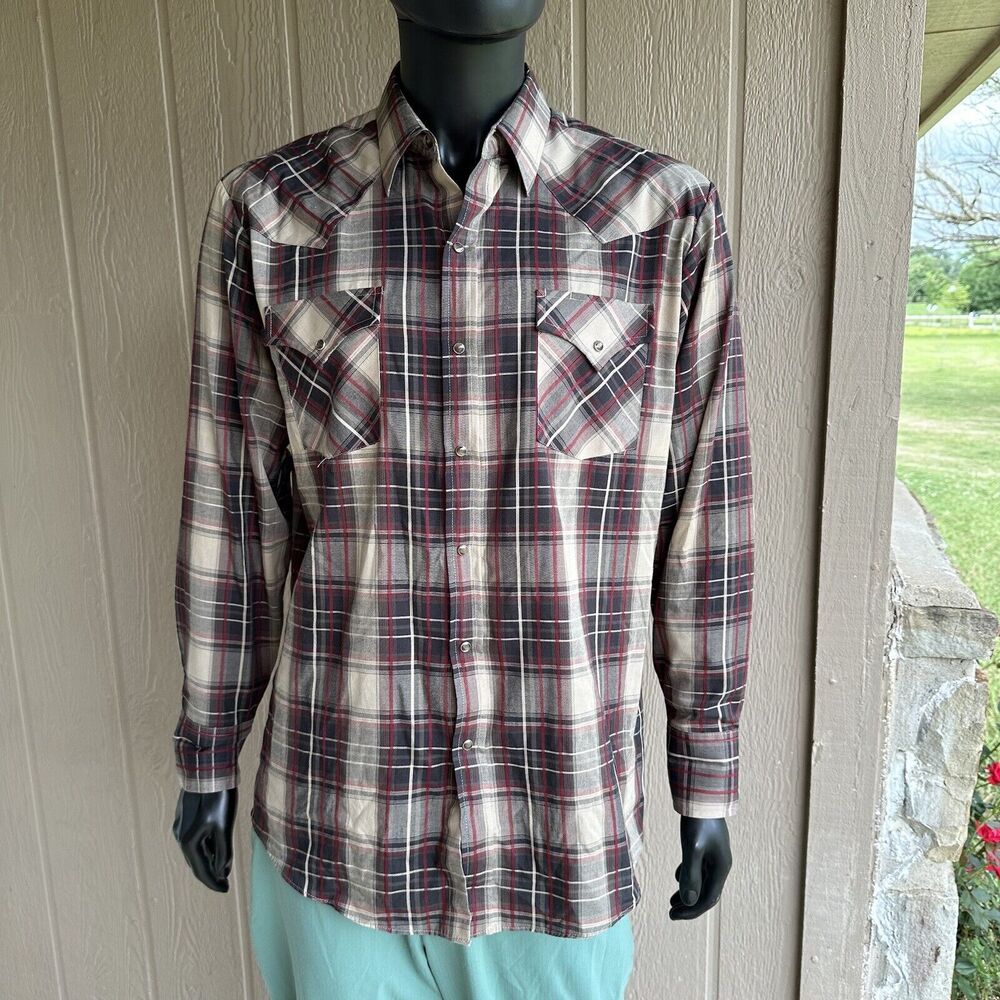 Vintage Ely Cattleman Shirt Mens Large Brown Red‎ Plaid Pearl Snap Western 90s